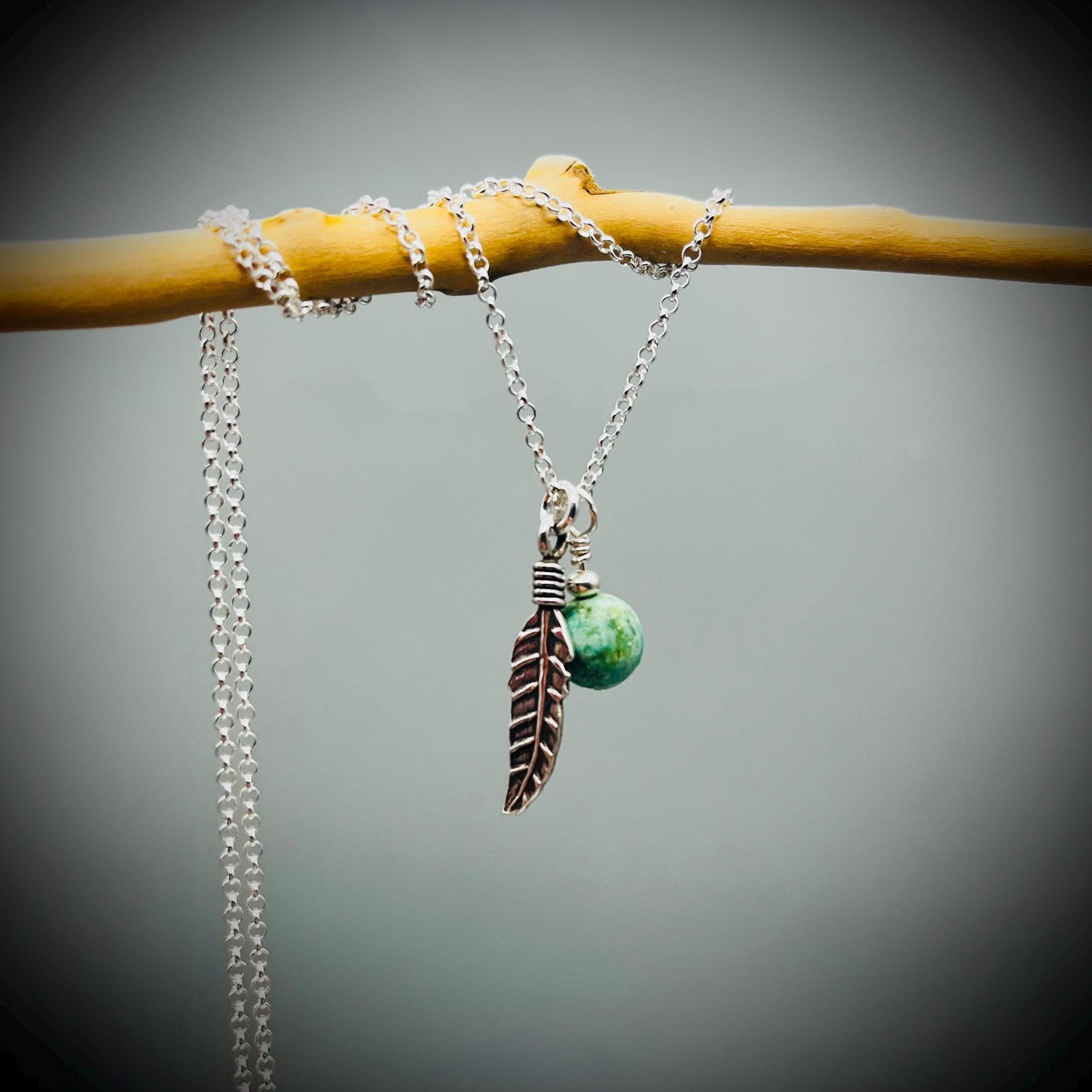 Turquoise and Sterling Silver Necklace, Turquoise Feather Necklace, Turquoise and Silver Pendant, Karen Silver Pendant, Feather Necklace