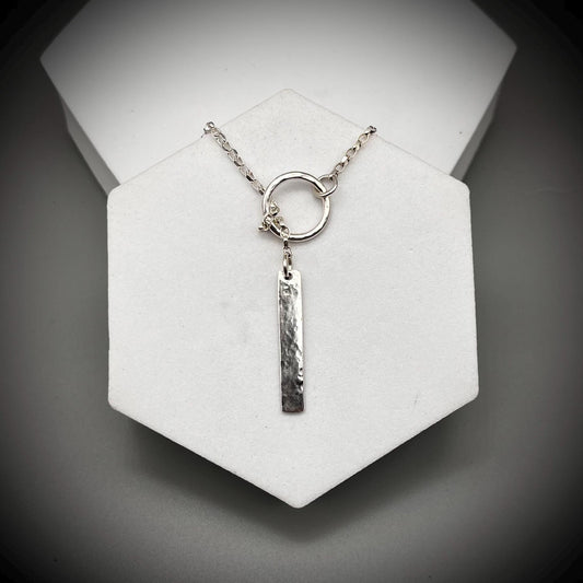 Long Sterling Silver Bar Necklace, Sterling Silver Lariat Necklace, Hammered Silver Hoop Lariat Necklace, Long Silver Hoop Necklace