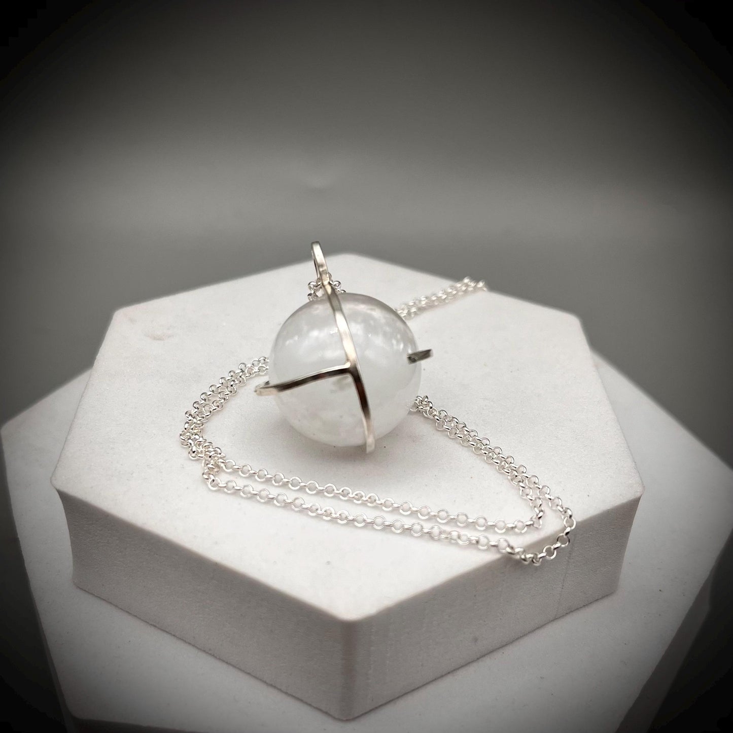 Selenite Crystal Ball Necklace, Selenite and Sterling Silver Necklace, Caged Selenite Pendant, Selenite and Silver Pendant, Caged Crystal