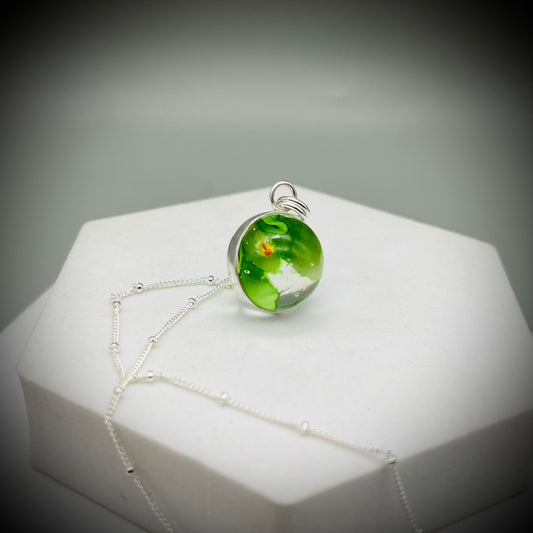 Flower Marble Necklace, Handmade Flower Marble Necklace, Caged Marble Necklace, Green Glass Marble and Silver Necklace