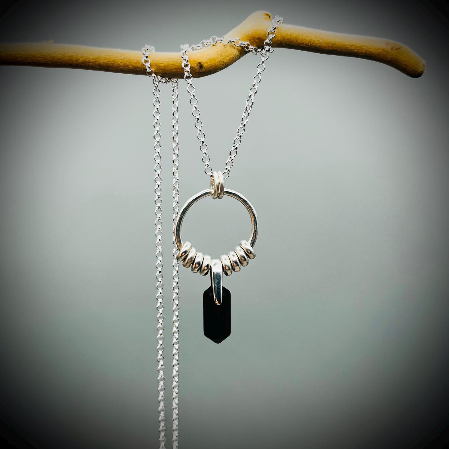 Black Obsidian Crystal Point Necklace, Obsidian Silver Hoop Pendant, Hammered Hoop Pendant with Obsidian, Obsidian Double Point Pendant