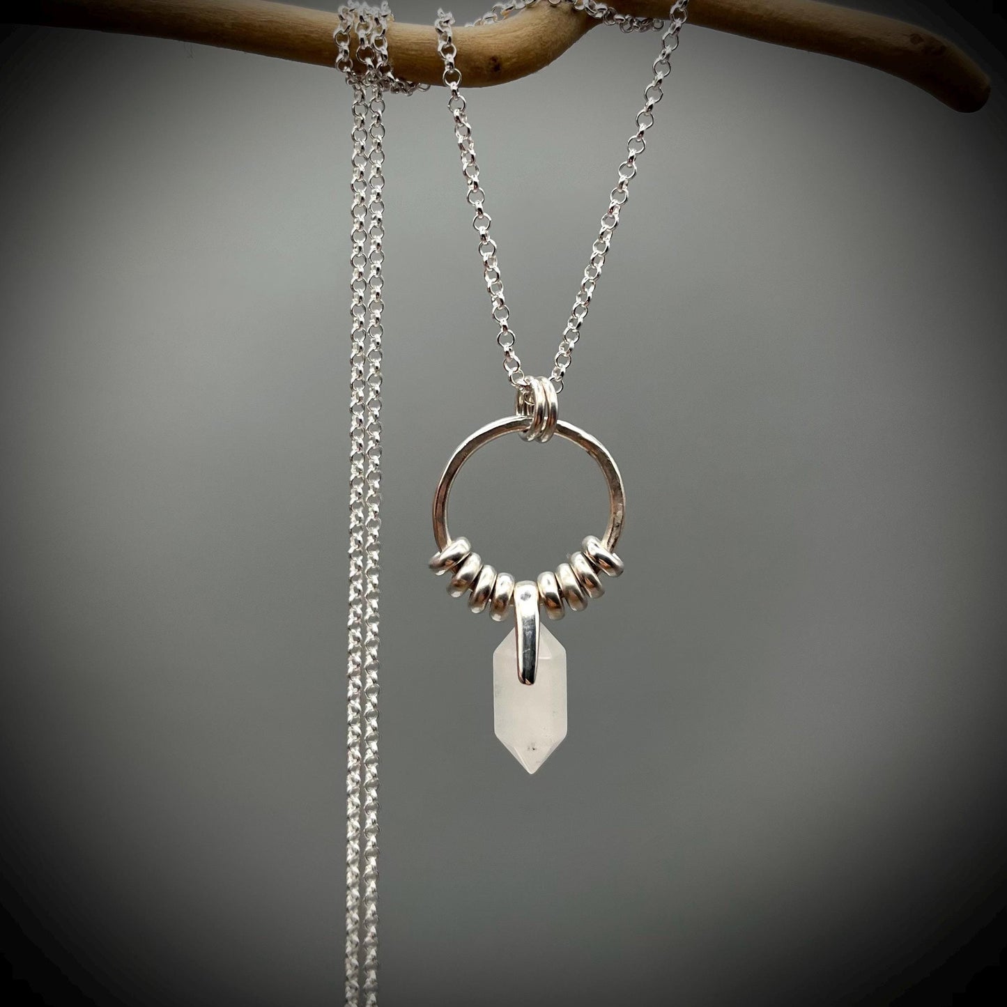 Quartz Crystal Point Necklace, Quartz Silver Hoop Pendant, Hammered Hoop Pendant with Quartz, Quartz Double Point Pendant