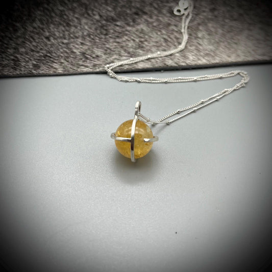 Citrine Crystal Ball Necklace, Citrine and Sterling Silver Necklace, Caged Citrine Pendant, Quartz Pendant