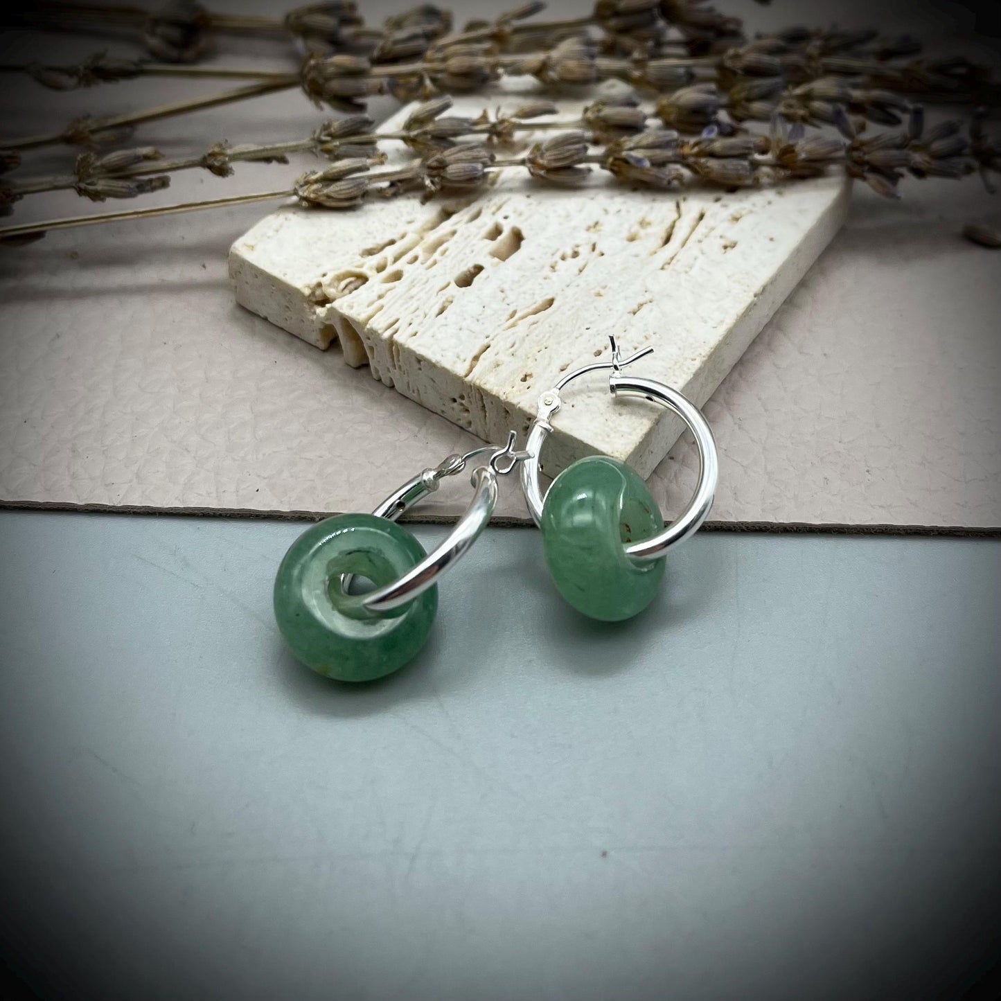 Aventurine Crystal Hoop Hearings,  Green Aventurine and Sterling Silver Earrings, Silver Hoop Earrings, Aventurine Earrings