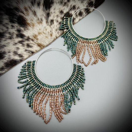 Native American Style Earrings, Boho Beaded Hoop Earrings, Native Hoop Earrings, Beaded Folk Earrings, Tribal Hoop Earrings, Aztec Earrings