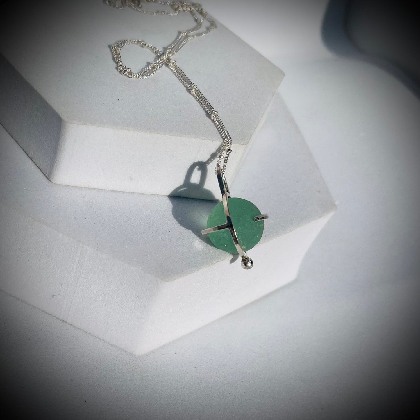 Codd Marble Necklace, Sea Glass Pendant, Green Marble Pendant, Caged Sea Glass Marble Pendant