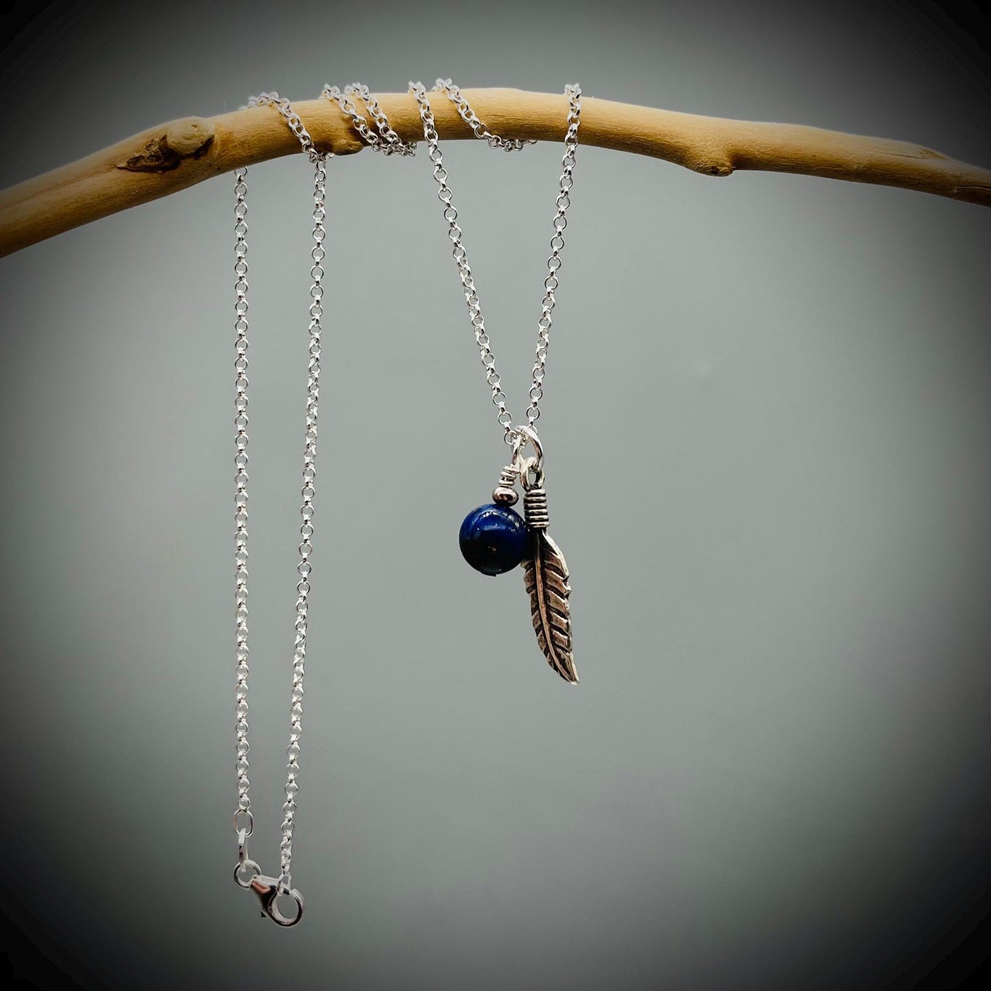 Lapis Lazuli and Sterling Silver Necklace, Lapis Lazuli Feather Necklace, Lapis Lazuli and Silver Pendant, Silver Feather Necklace