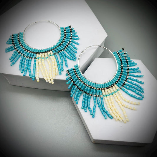 Native American Style Earrings, Boho Beaded Hoop Earrings, Native Hoop Earrings, Beaded Folk Earrings, Tribal Hoop Earrings, Aztec Earrings