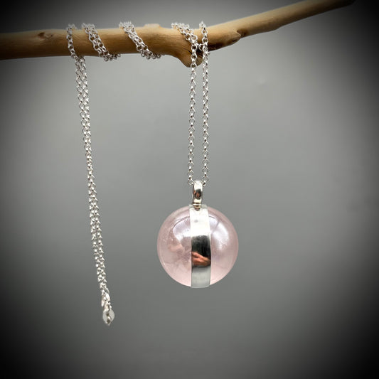Rose Aura Quartz Crystal Ball Necklace, Rose Quartz and Sterling Silver Necklace, Rose Aura Quartz Pendant, Spinning Crystal Pendant
