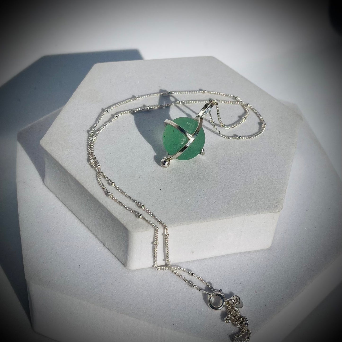 Codd Marble Necklace, Sea Glass Pendant, Green Marble Pendant, Caged Sea Glass Marble Pendant