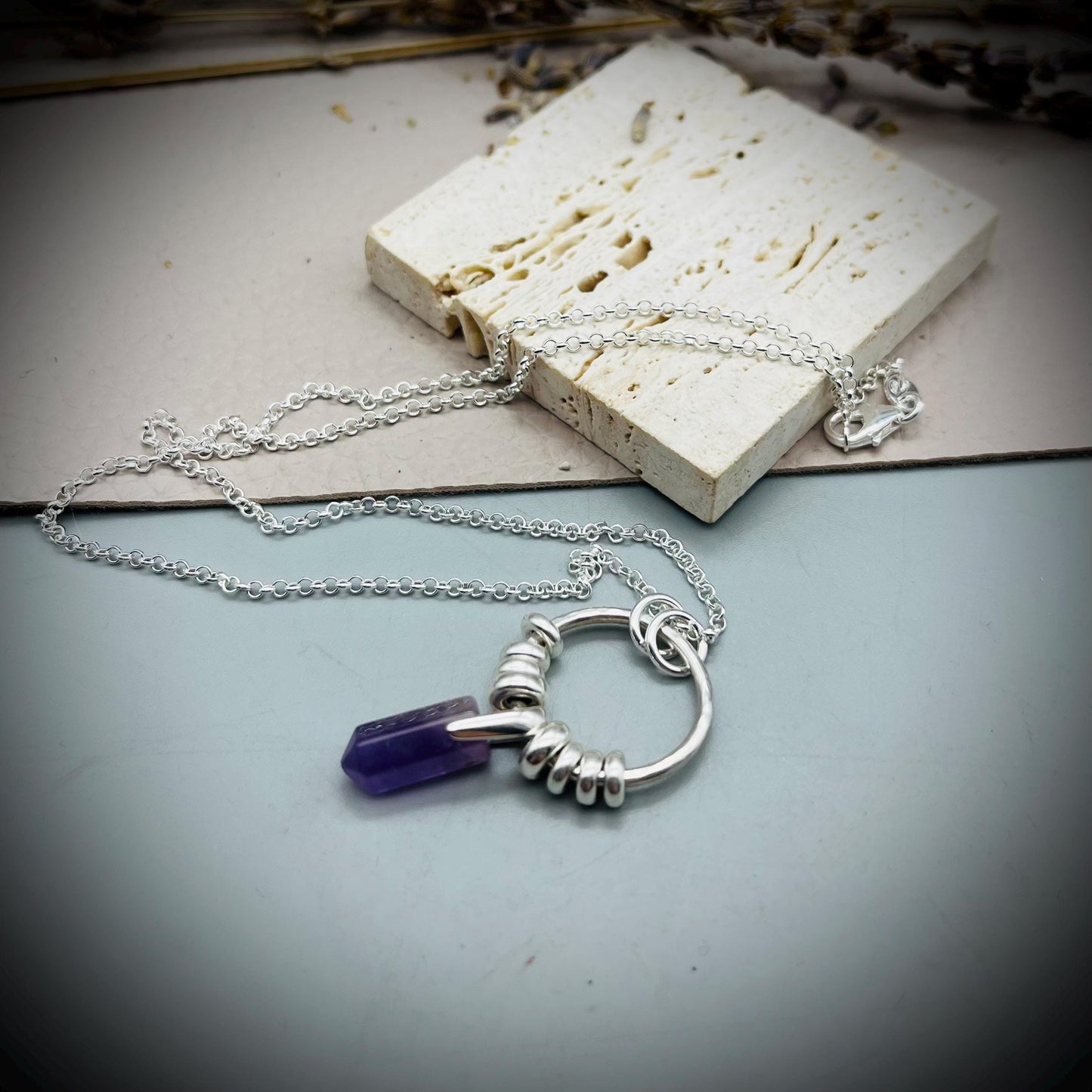 Amethyst Crystal Point Necklace, Amethyst Silver Hoop Pendant, Hammered Hoop Pendant with Amethyst, Amethyst and Silver Necklace