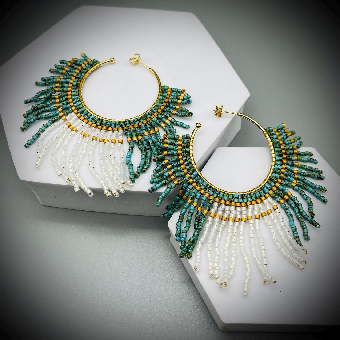 Native American Style Earrings, Boho Beaded Hoop Earrings, Native Hoop Earrings, Beaded Folk Earrings, Tribal Hoop Earrings