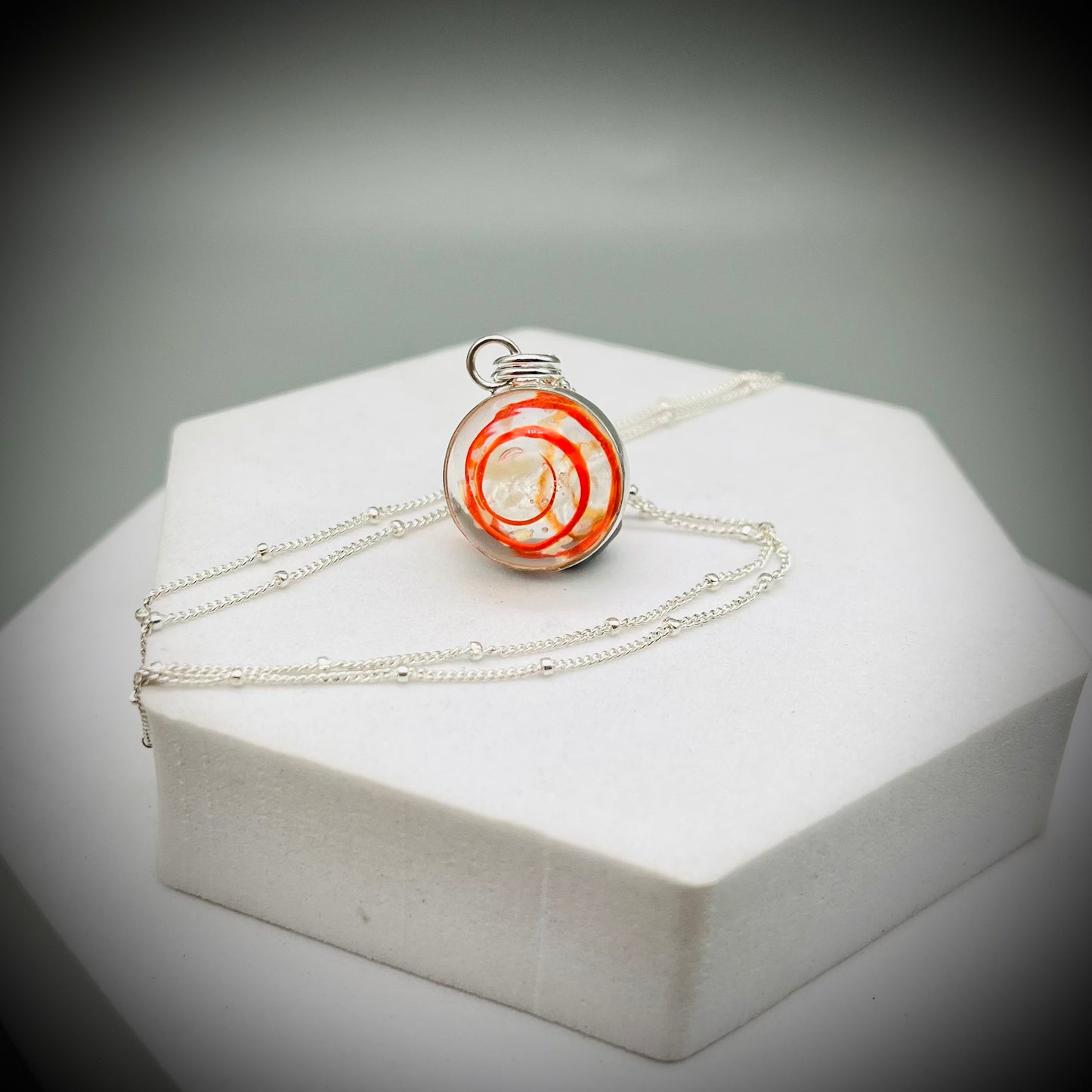 Red Marble Necklace, Handmade SworlMarble Necklace, Caged Marble Necklace, Glass Marble and Silver Necklace