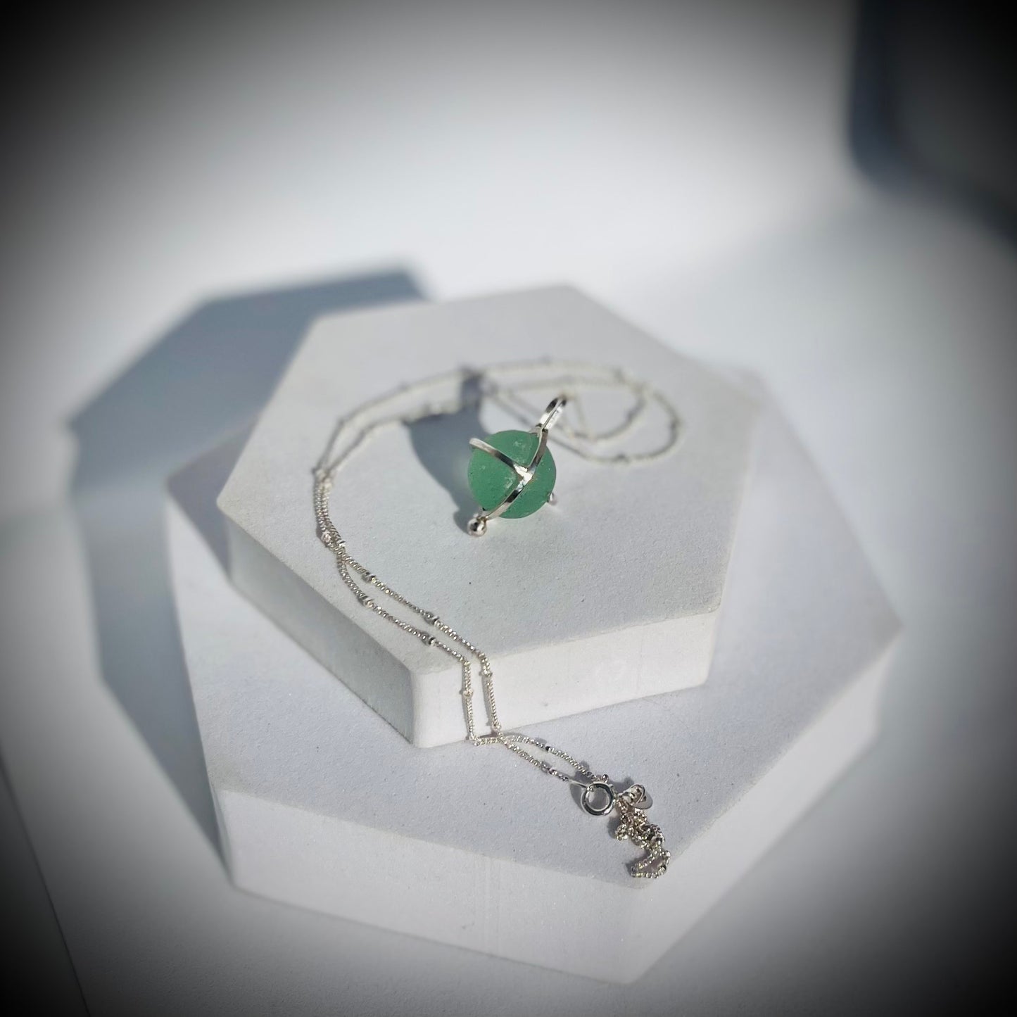 Codd Marble Necklace, Sea Glass Pendant, Green Marble Pendant, Caged Sea Glass Marble Pendant