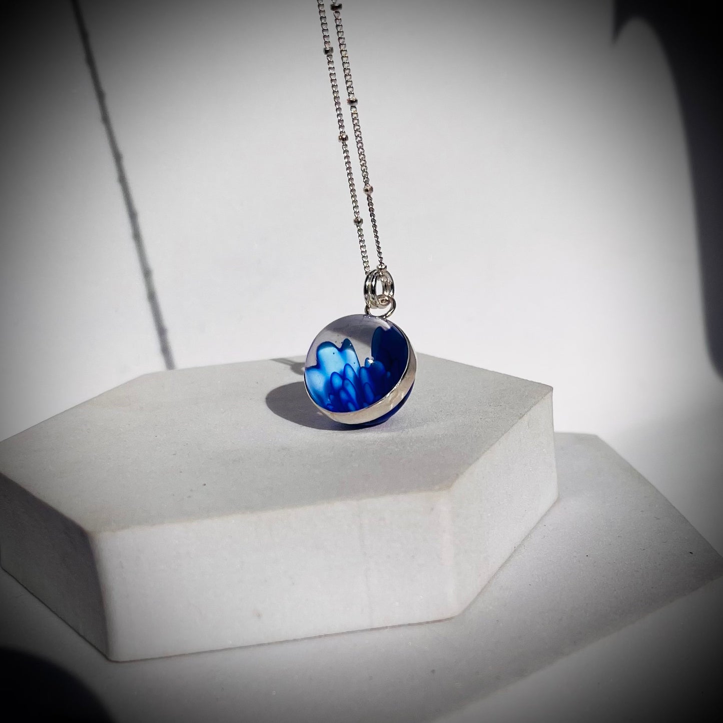 Flower Marble Necklace, Handmade Flower Marble Necklace, Caged Marble Necklace, Blue Glass Marble and Silver Necklace