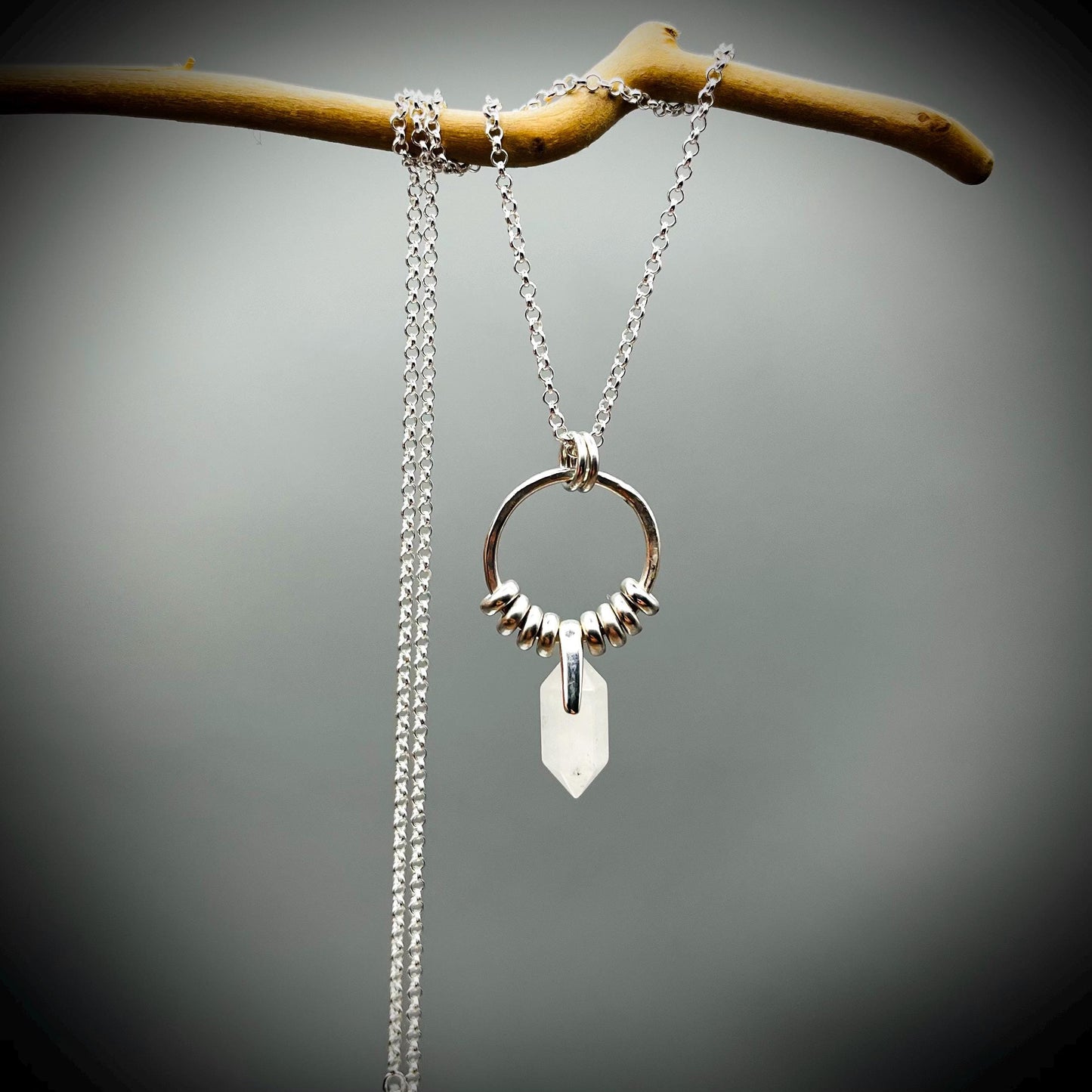 Quartz Crystal Point Necklace, Quartz Silver Hoop Pendant, Hammered Hoop Pendant with Quartz, Quartz Double Point Pendant