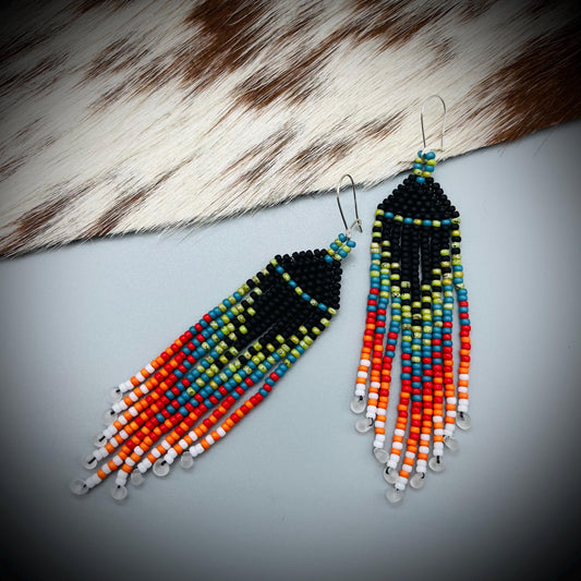 Native American Style Earrings, Boho Beaded Earrings, Native Tassel Earrings, Beaded Folk Earrings, Tribal Earrings, Long Fringe Earrings
