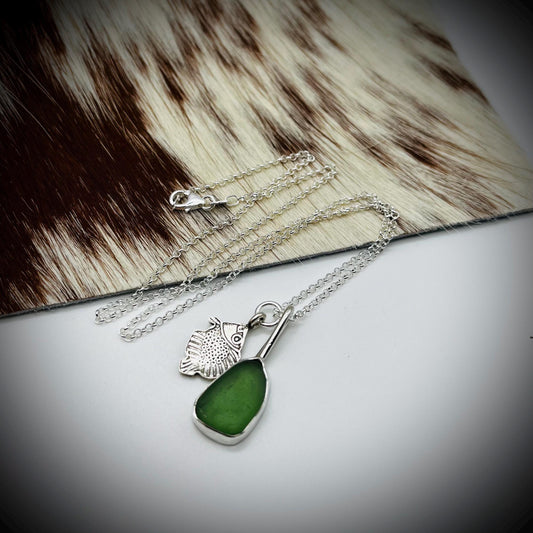 Green Sea Glass and Silver Fish Necklace, Green Sea Glass Pendant, Silver Fish Pendant, Fish and Sea Glass Necklace
