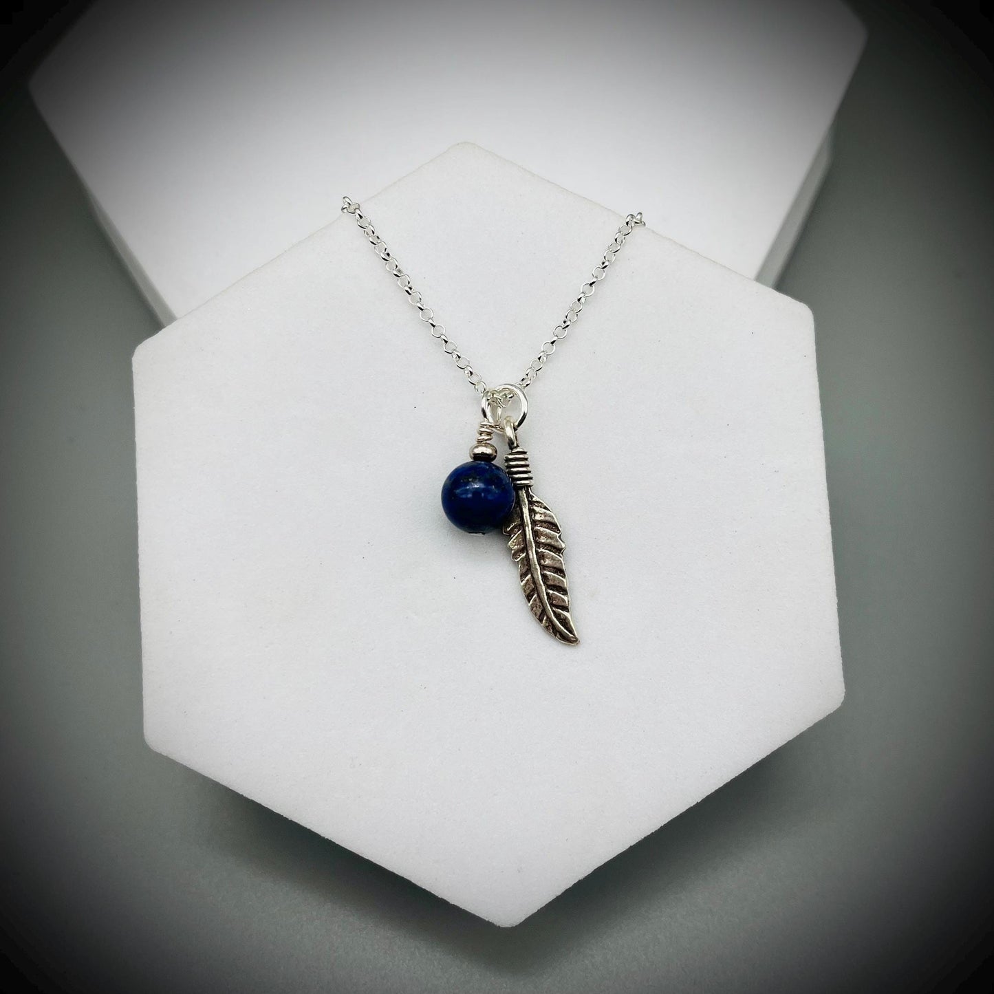 Lapis Lazuli and Sterling Silver Necklace, Lapis Lazuli Feather Necklace, Lapis Lazuli and Silver Pendant, Silver Feather Necklace