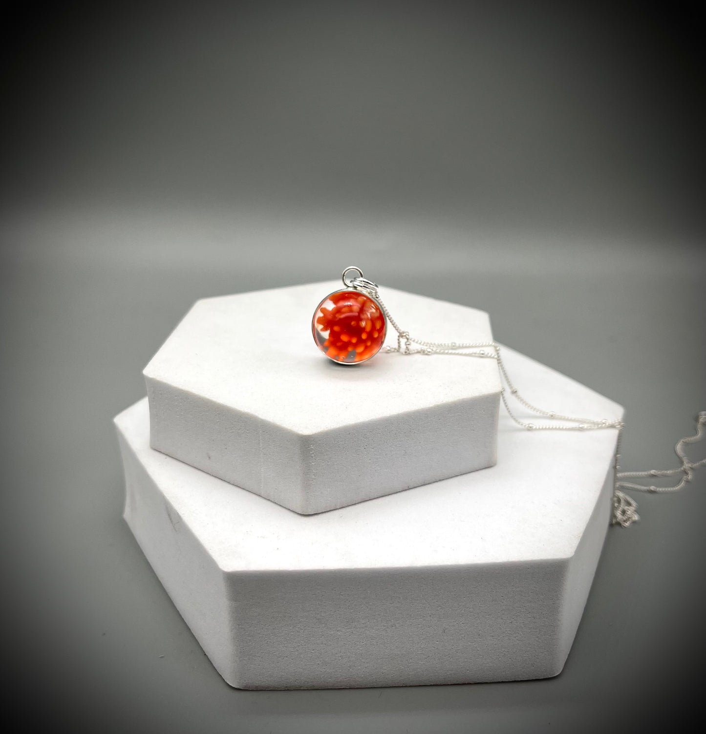 Flower Marble Necklace, Handmade Flower Marble Necklace, Caged Marble Necklace, Orange Glass Marble and Silver Necklace