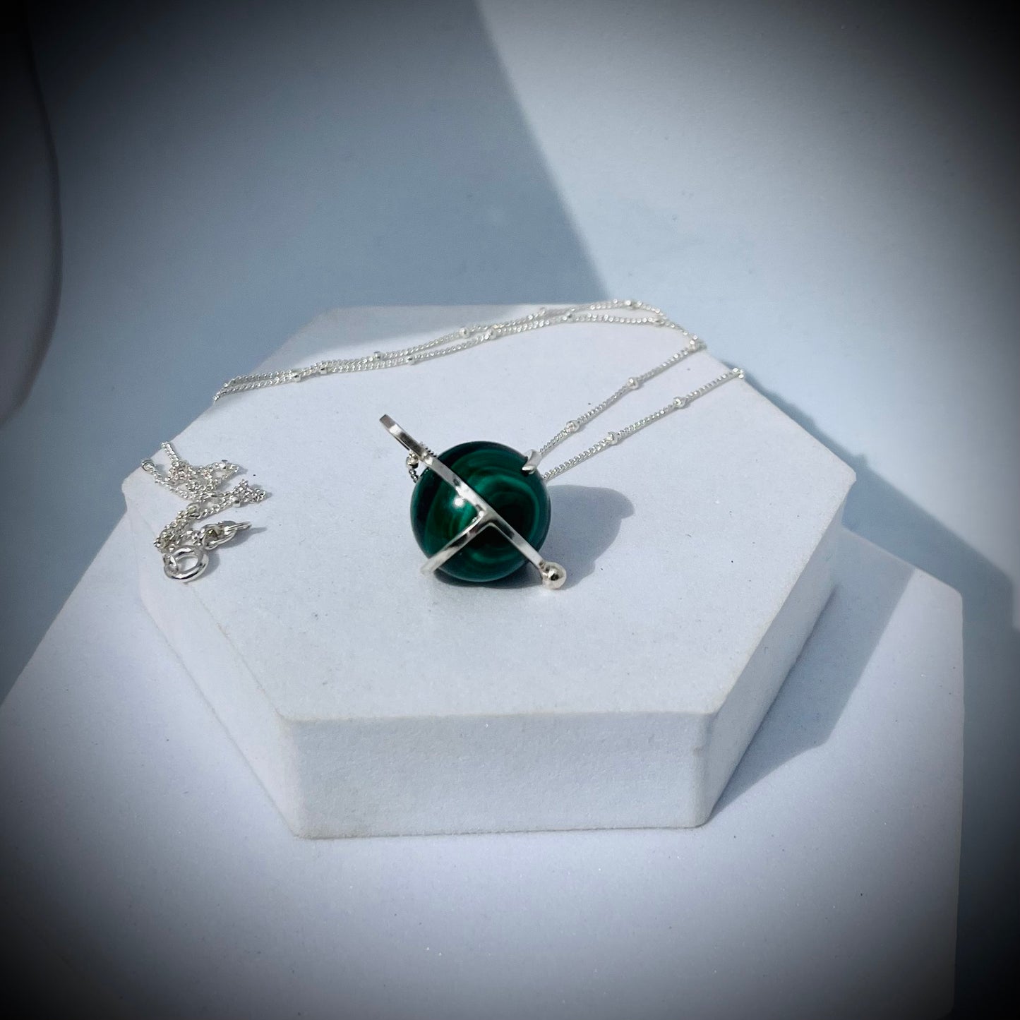 Malachite Crystal Ball Necklace, Malachite and Sterling Silver Necklace, Caged Malachite Pendant, Malachite Crystal Ball
