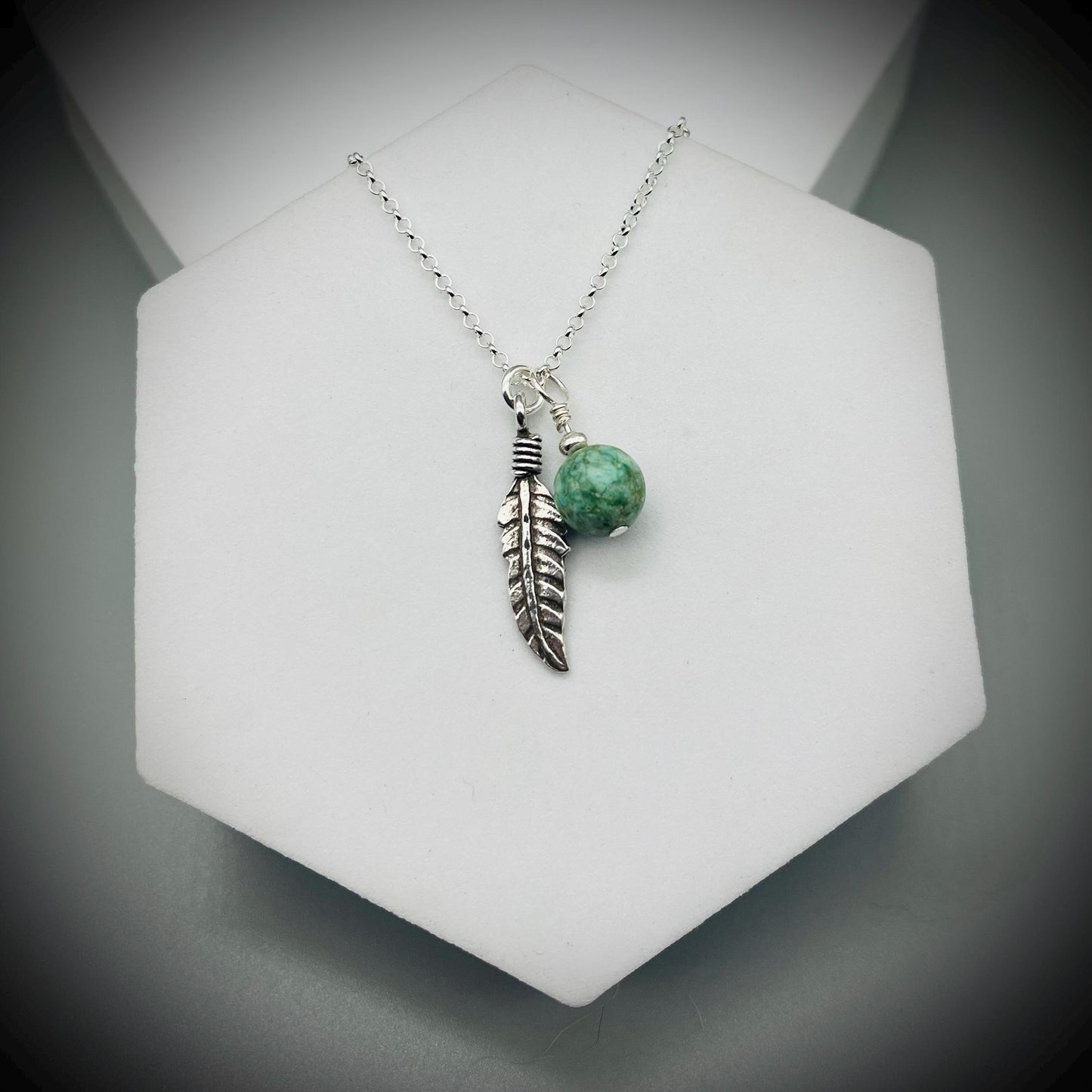 Turquoise and Sterling Silver Necklace, Turquoise Feather Necklace, Turquoise and Silver Pendant, Karen Silver Pendant, Feather Necklace