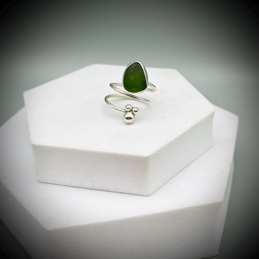 Sea Glass Ring, Green Sea Glass Ring, Adjustable Sterling Silver Sea Glass Ring, Green Sea Glass Ring Size K to L