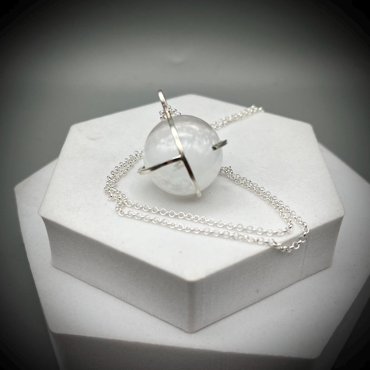 Selenite Crystal Ball Necklace, Selenite and Sterling Silver Necklace, Caged Selenite Pendant, Selenite and Silver Pendant, Caged Crystal