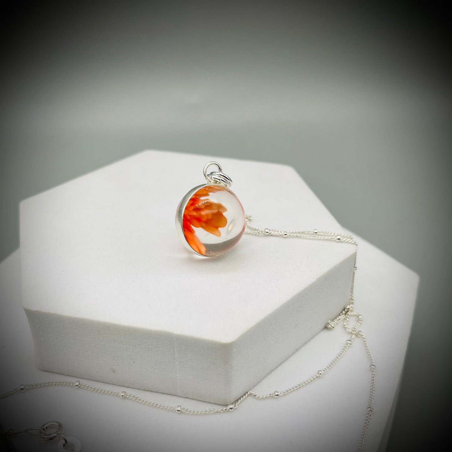 Flower Marble Necklace, Handmade Flower Marble Necklace, Caged Marble Necklace, Orange Glass Marble and Silver Necklace
