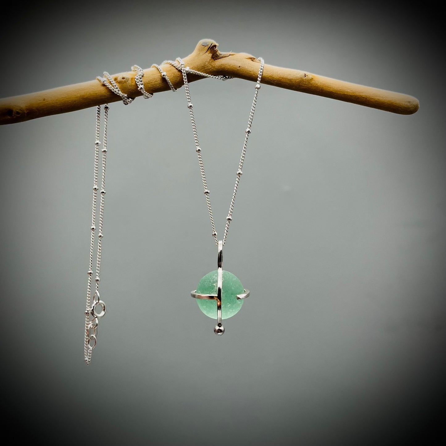 Codd Marble Necklace, Sea Glass Pendant, Green Marble Pendant, Caged Sea Glass Marble Pendant