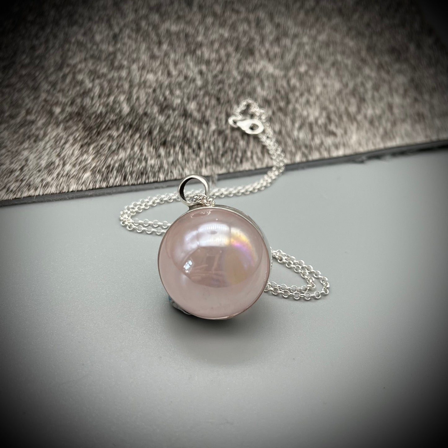 Rose Aura Quartz Crystal Ball Necklace, Rose Quartz and Sterling Silver Necklace, Rose Aura Quartz Pendant, Spinning Crystal Pendant