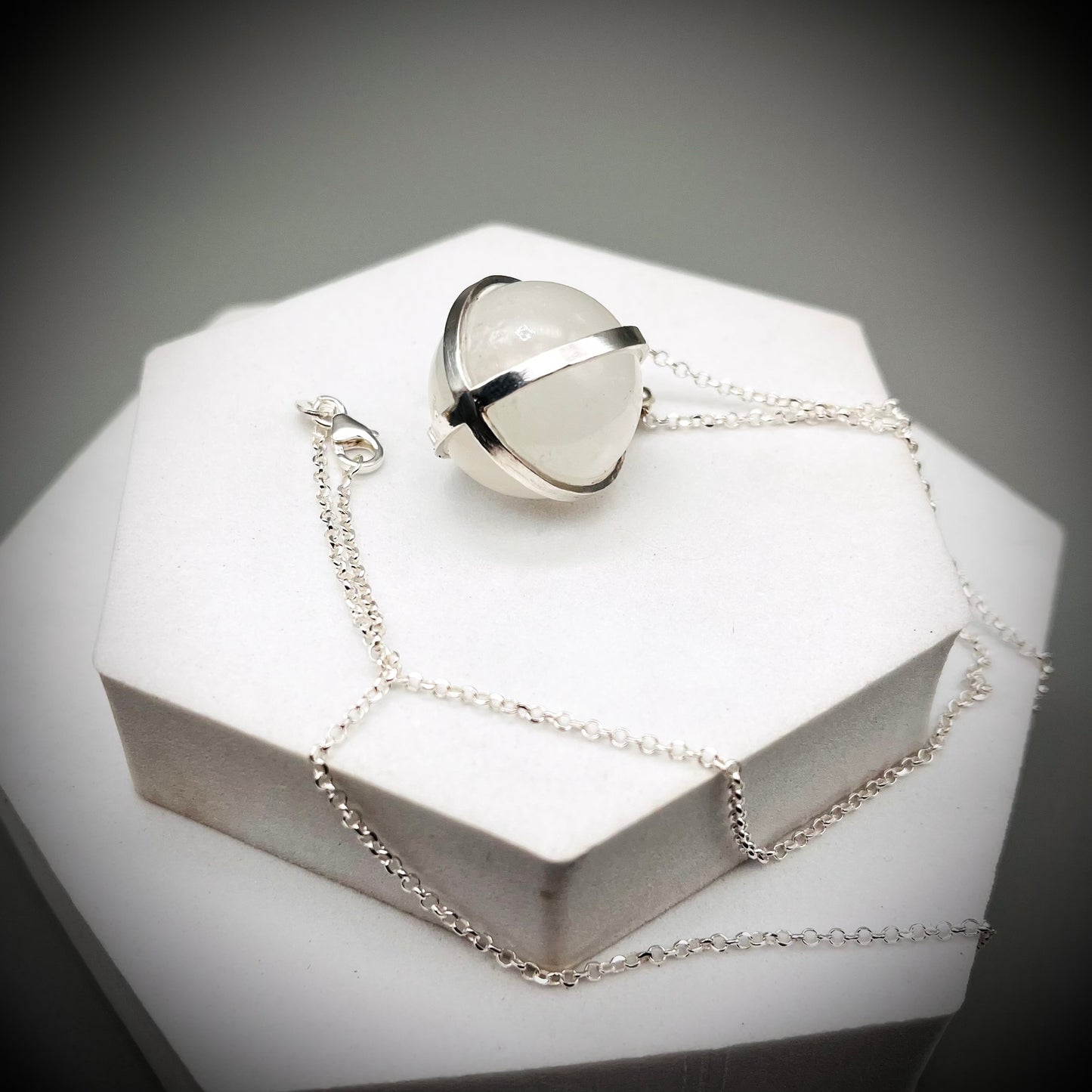 Selenite Crystal Ball Necklace, Selenite and Sterling Silver Necklace, Caged Selenite Pendant, Selenite and Silver Pendant, Caged Crystal