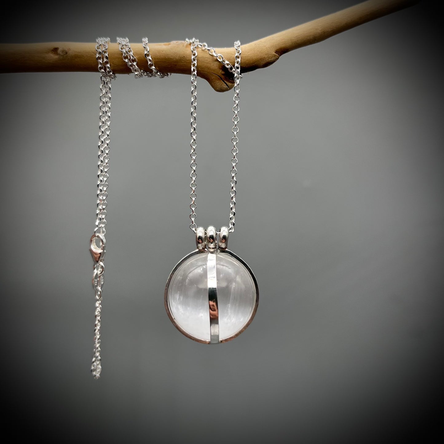 Selenite Crystal Ball Necklace, Selenite and Sterling Silver Necklace, Caged Selenite Pendant, Selenite and Silver Pendant, Caged Crystal