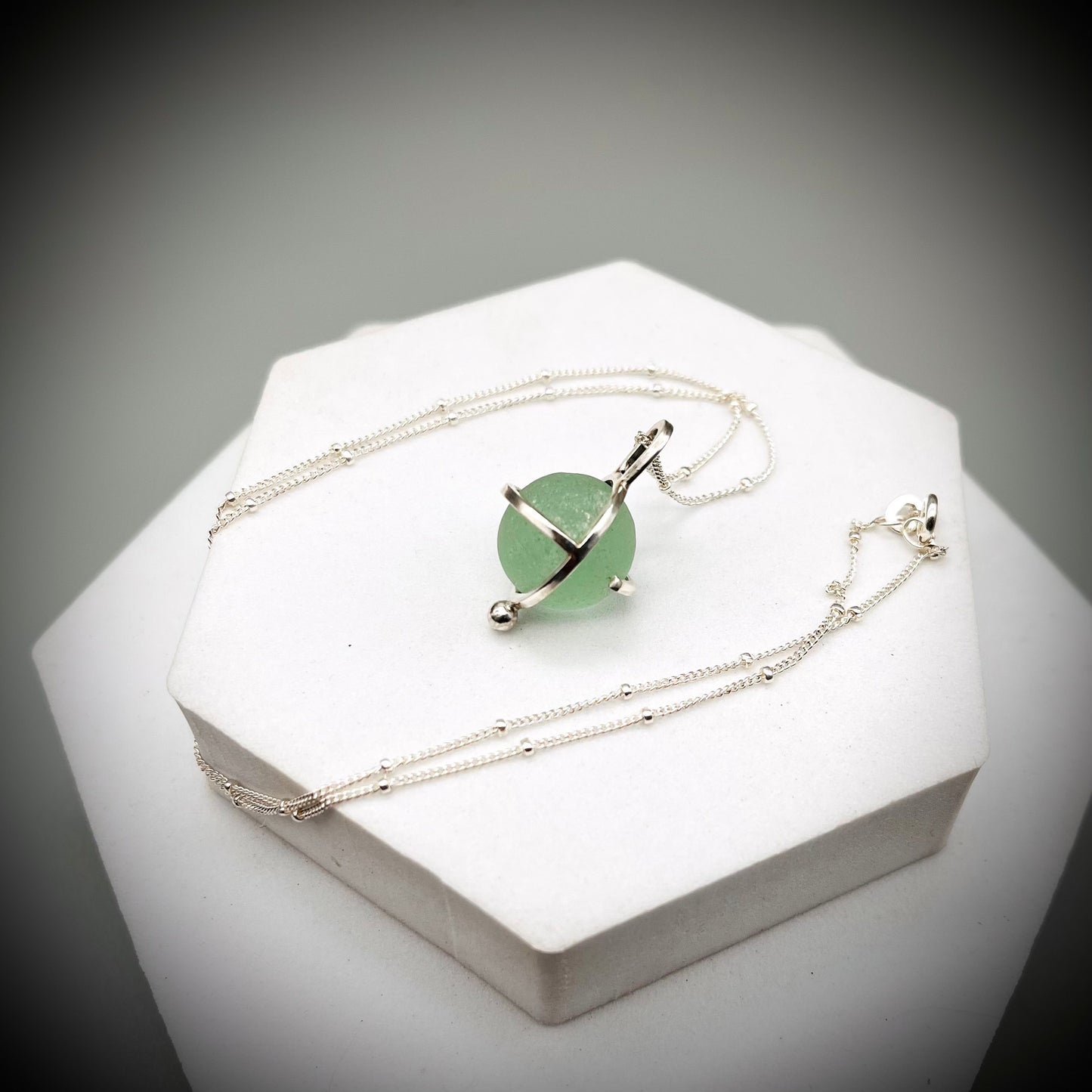 Codd Marble Necklace, Sea Glass Pendant, Green Marble Pendant, Caged Sea Glass Marble Pendant