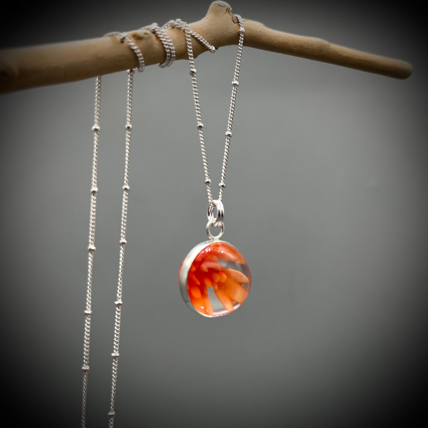 Flower Marble Necklace, Handmade Flower Marble Necklace, Caged Marble Necklace, Orange Glass Marble and Silver Necklace