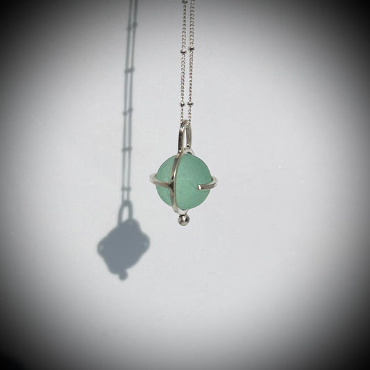 Codd Marble Necklace, Sea Glass Pendant, Green Marble Pendant, Caged Sea Glass Marble Pendant