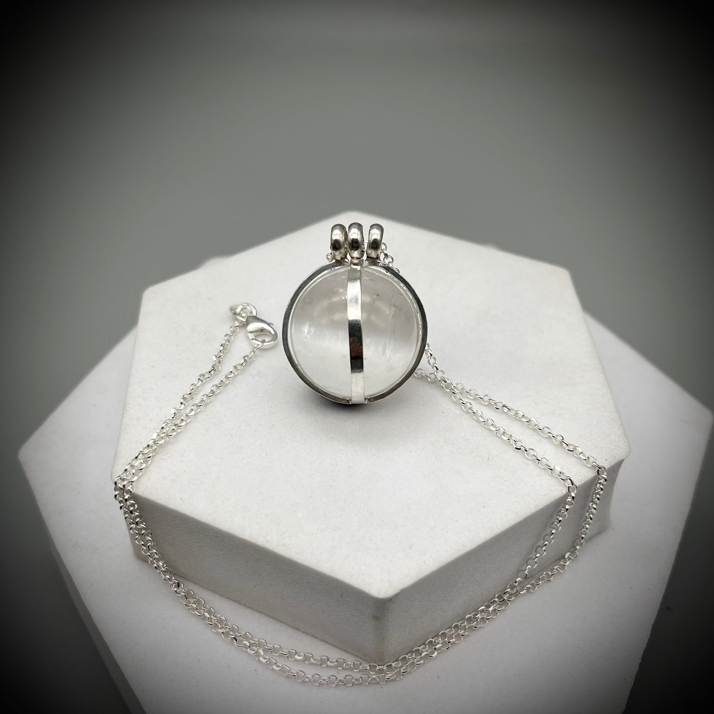 Selenite Crystal Ball Necklace, Selenite and Sterling Silver Necklace, Caged Selenite Pendant, Selenite and Silver Pendant, Caged Crystal
