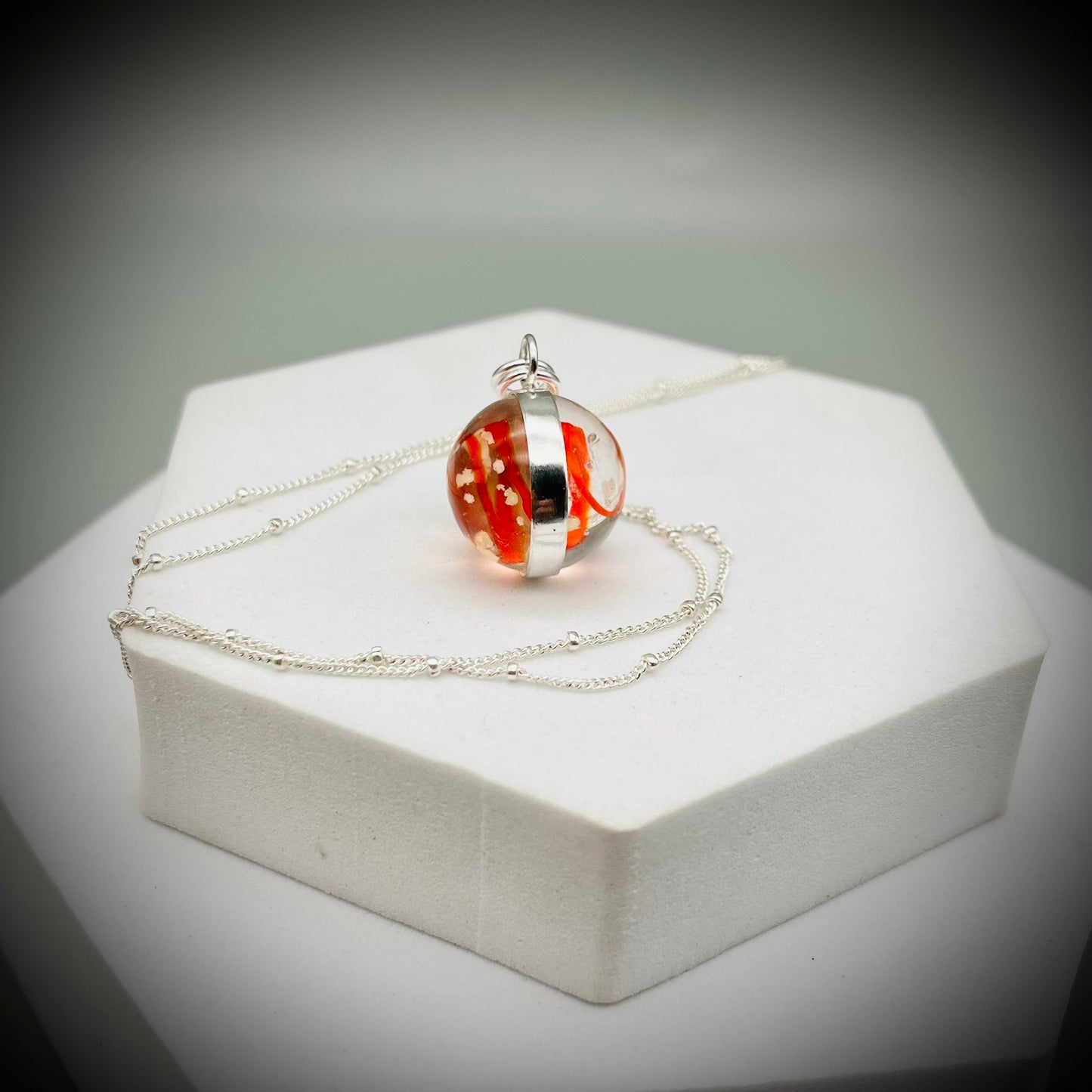 Red Marble Necklace, Handmade SworlMarble Necklace, Caged Marble Necklace, Glass Marble and Silver Necklace