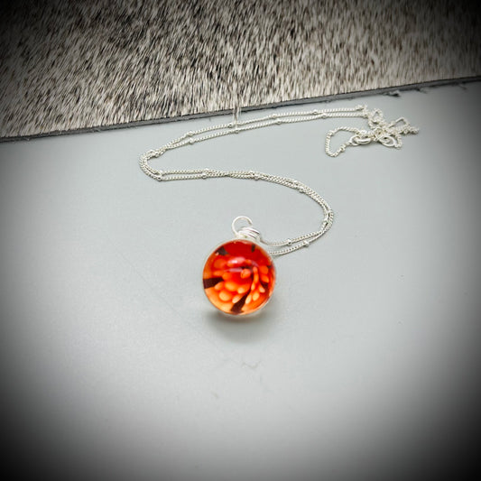 Flower Marble Necklace, Handmade Flower Marble Necklace, Caged Marble Necklace, Orange Glass Marble and Silver Necklace