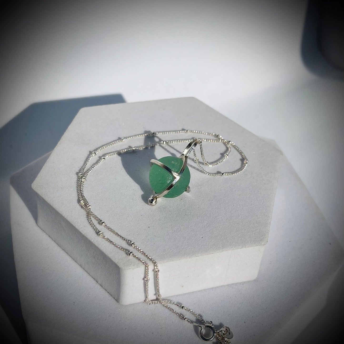 Codd Marble Necklace, Sea Glass Pendant, Green Marble Pendant, Caged Sea Glass Marble Pendant