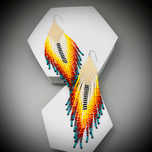 Native American Style Earrings, Boho Beaded Earrings, Native Tassel Earrings, Beaded Folk Earrings, Tribal Earrings, Long Fringe Earrings