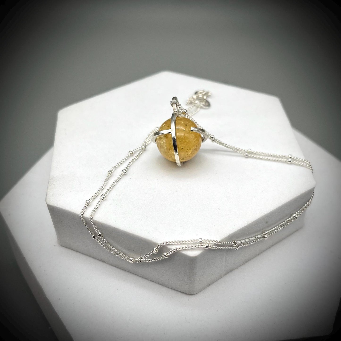 Citrine Crystal Ball Necklace, Citrine and Sterling Silver Necklace, Caged Citrine Pendant, Quartz Pendant