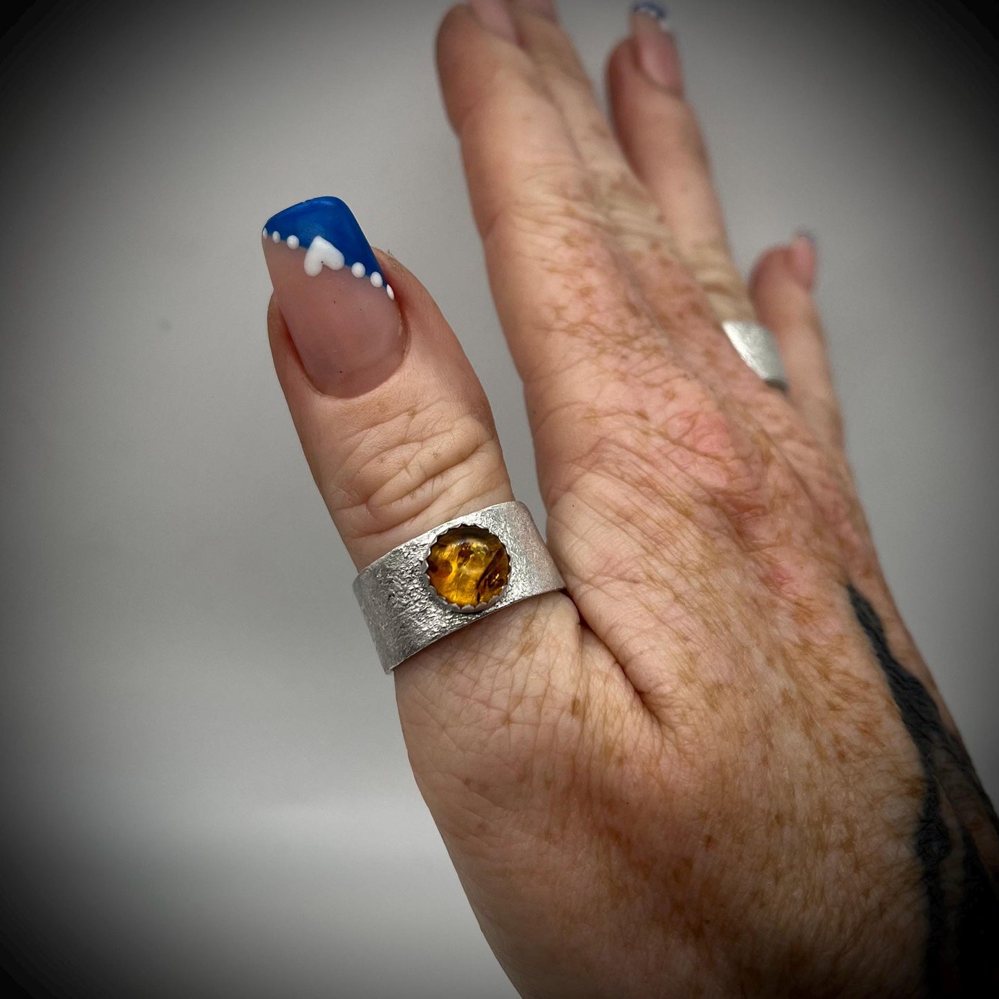 Sterling Silver Wide Ring Bang, Reticulated Silver Ring Band, Textured Silver Ring, Wide Silver Ring with Amber, Amber Thumb Ring,