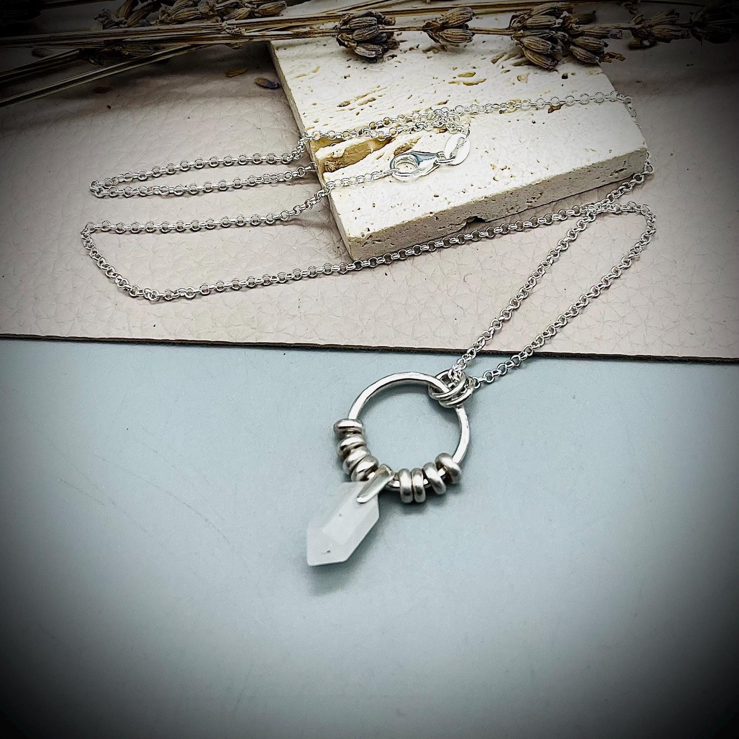 Quartz Crystal Point Necklace, Quartz Silver Hoop Pendant, Hammered Hoop Pendant with Quartz, Quartz Double Point Pendant