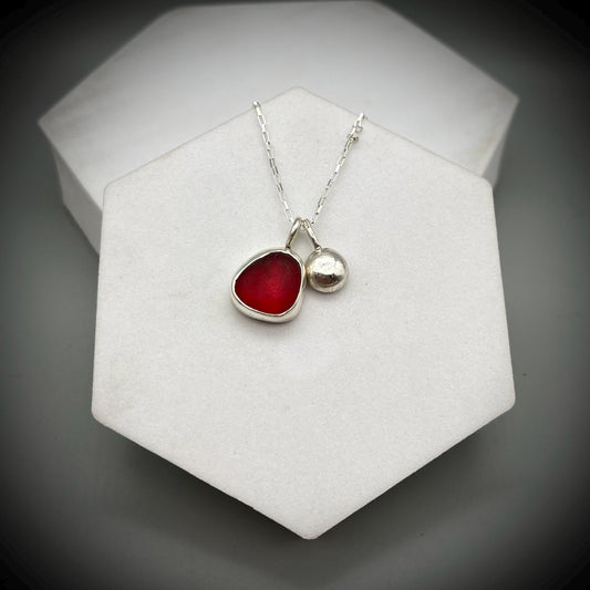 Red Sea Glass and Eco Silver Pebble Necklace, Red Sea Glass Pendant, Recycled Eco Silver Pebble Necklace, Red Sea Glass Necklace