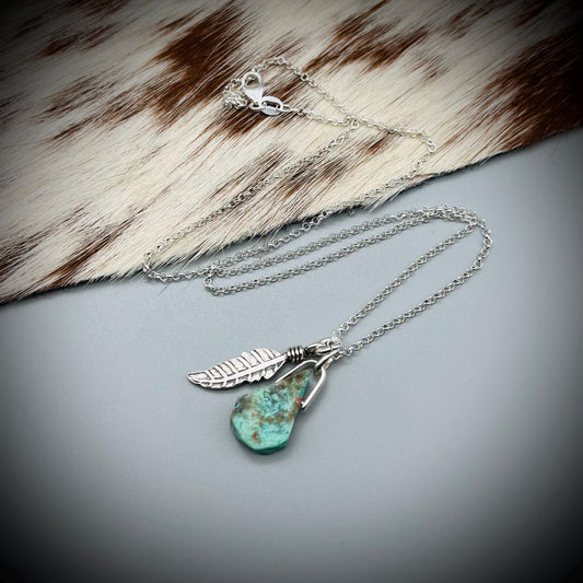 Turquoise and Sterling Silver Necklace, Turquoise Feather Necklace, Turquoise and Silver Pendant, Karen Silver Pendant, Feather Necklace