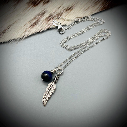 Lapis Lazuli and Sterling Silver Necklace, Lapis Lazuli Feather Necklace, Lapis Lazuli and Silver Pendant, Silver Feather Necklace