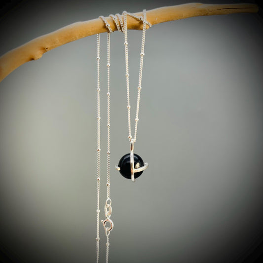 Black obsidian Crystal Necklace, Obsidian Crystal Ball Necklace, Caged Obsidian Crystal, Black Obsidian and Sterling Silver Necklace