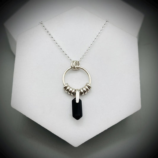 Black Obsidian Crystal Point Necklace, Obsidian Silver Hoop Pendant, Hammered Hoop Pendant with Obsidian, Obsidian Double Point Pendant