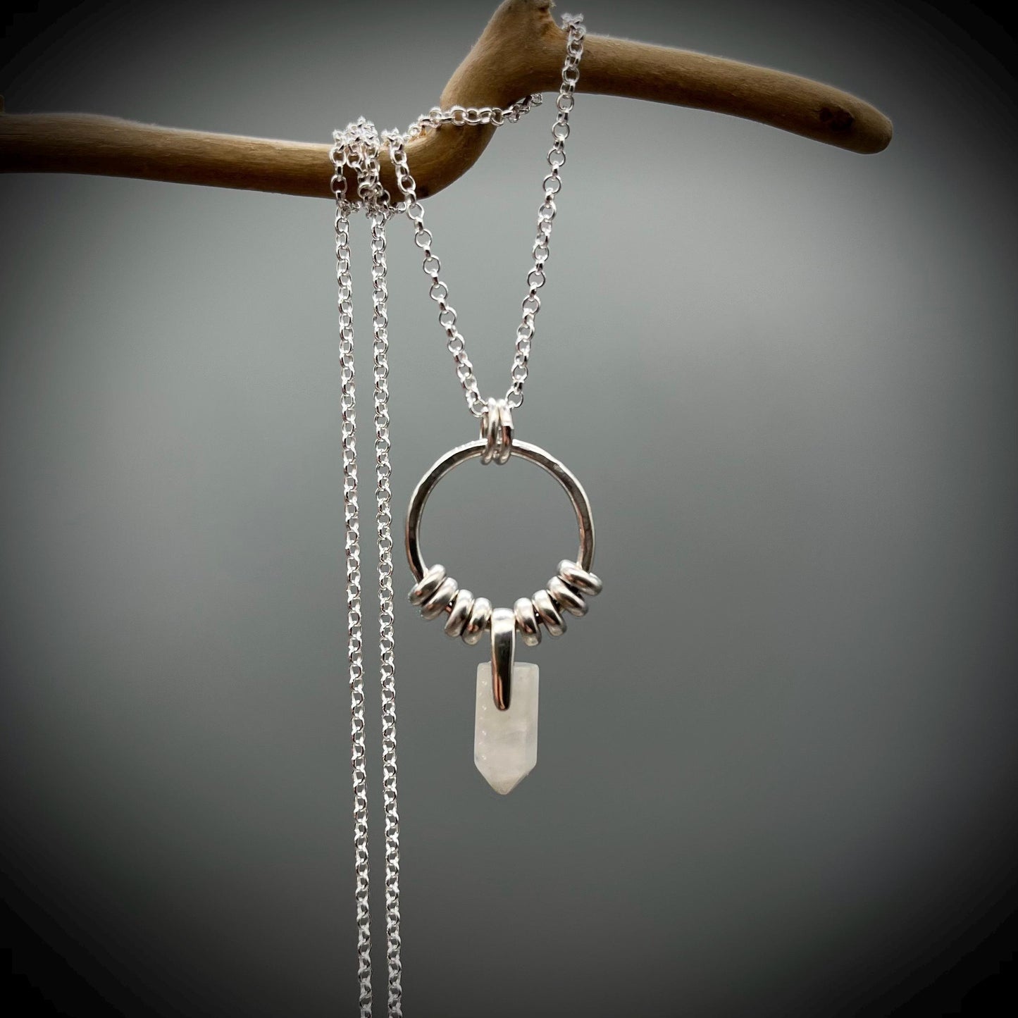 Moonstone Crystal Point Necklace, Moonstone Silver Hoop Pendant, Hammered Hoop Pendant with Moonstone, Silver and Moonstone Point Pendant